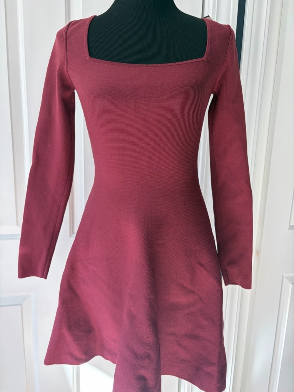 Babaton Aritzia Burgundy Square-Neck Long-Sleeve A-Line Dress Small